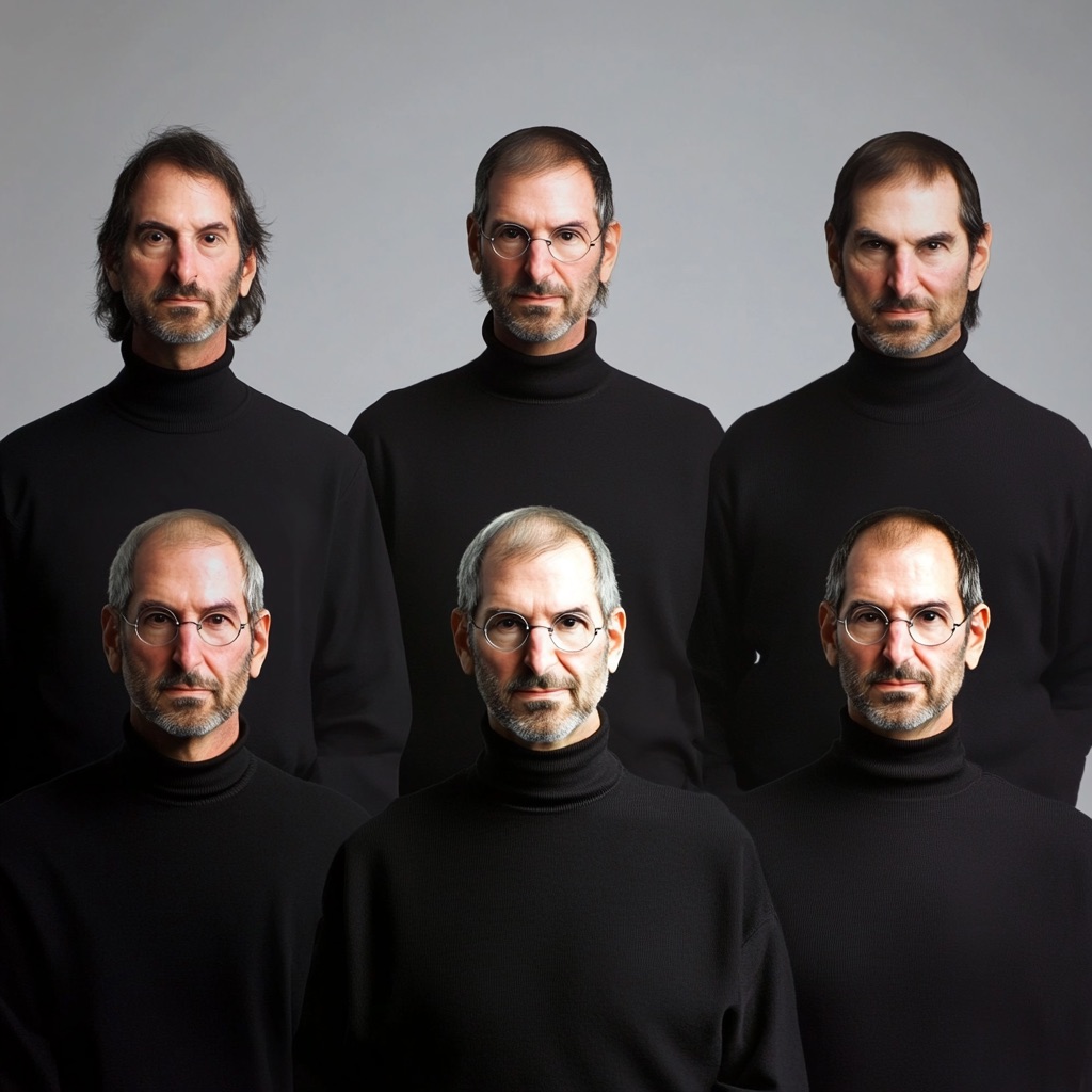 Six Steve Jobs impersonators, all wearing black turtlenecks