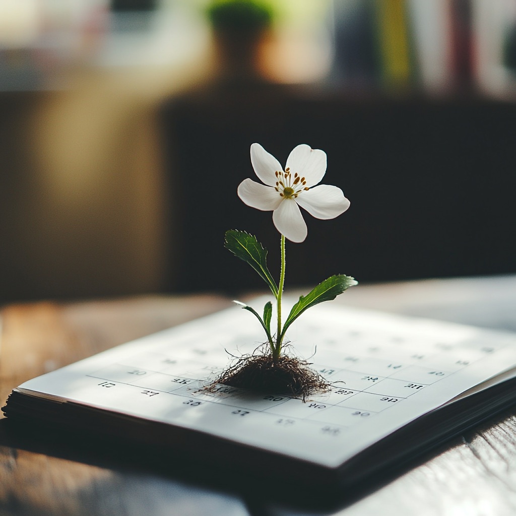 A paper calendar laying flat on a desk, with a single flower growing directly out of the page.