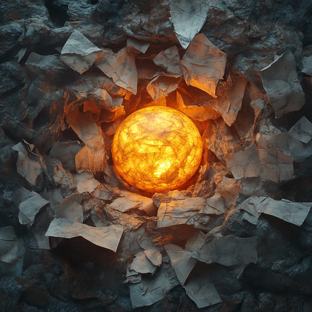 a glowing core surrounded by fallen grey wrapping ash