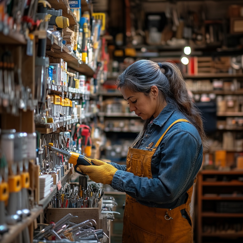 A Latina craftswoman making a tool purchase at a high-quality hardware store