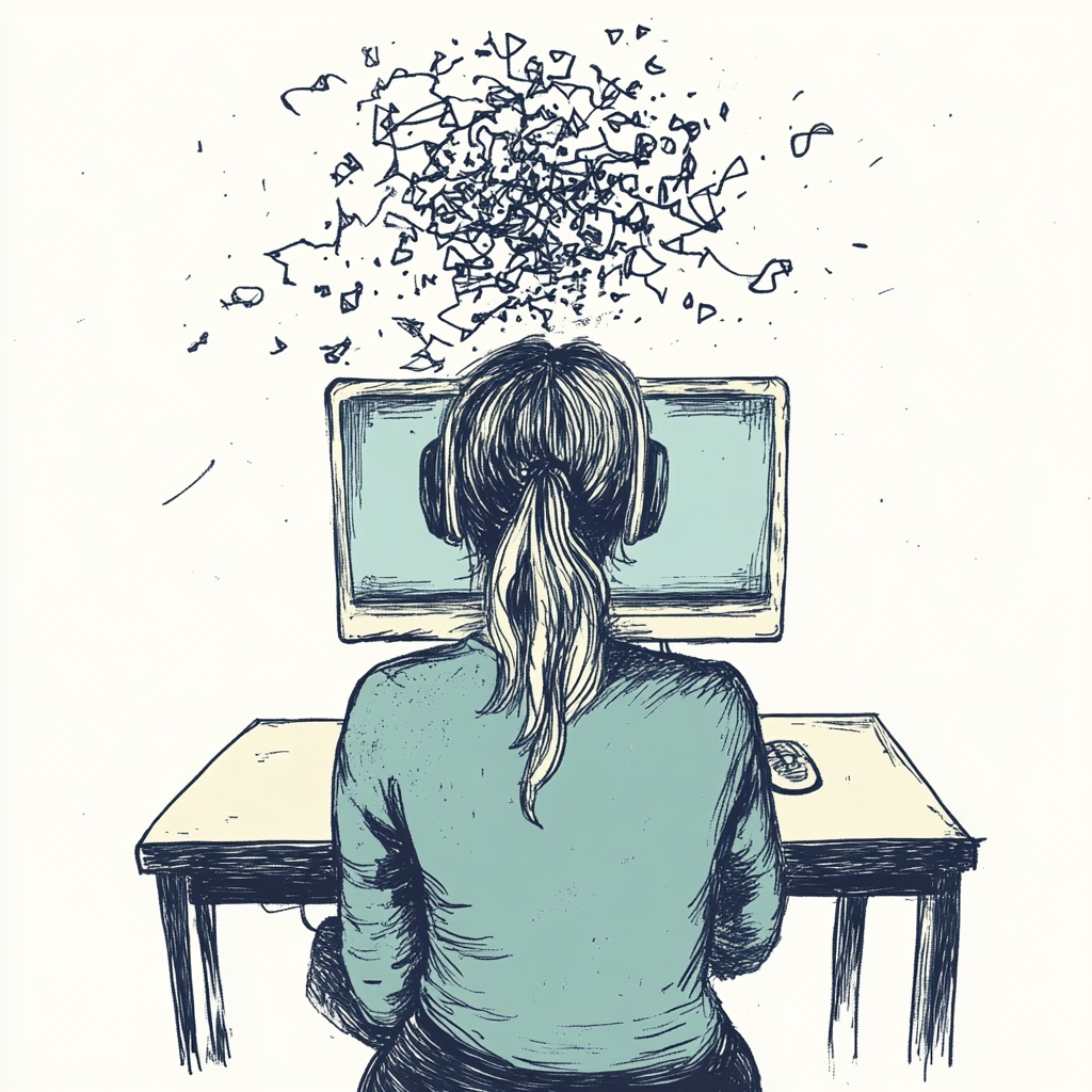 A young womaning sitting at a computer imagining complex realities