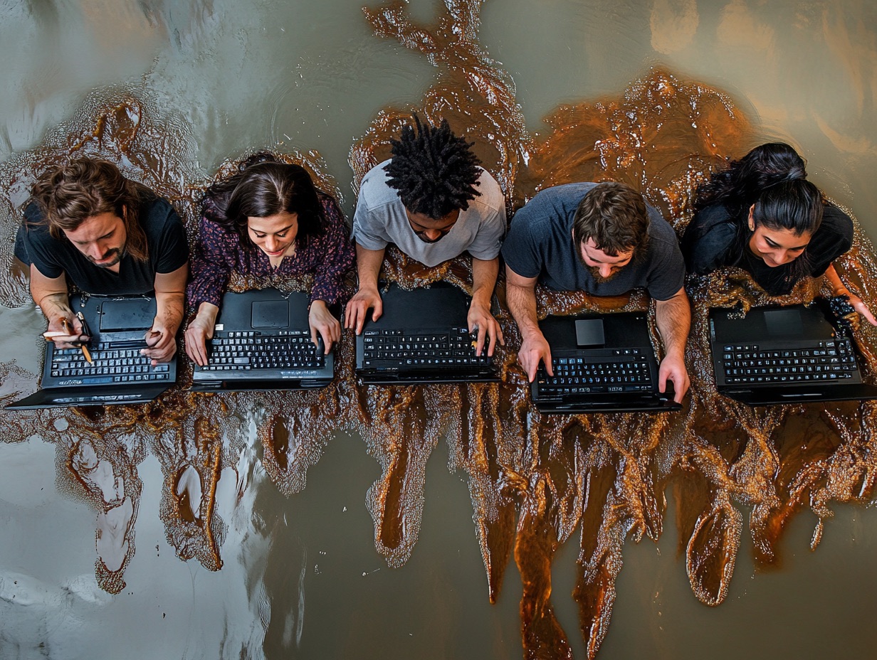 six software developers at their keyboards, halfway submerged in molasses